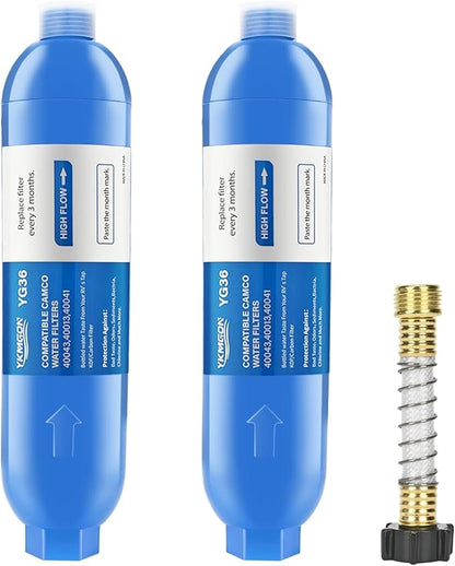 RV Inline/Marine Water Filter With Flexible Hose Protector, Reduce Bad Taste, Odors, Rust, Fluoride, Chlorine and Sediment in Drinking Water (2 Pack)