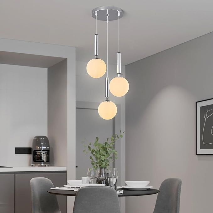 Modern Chrome Pendant Light Hanging Fixture Light for Kitchen Island Mid Century with Globe Pendant Light Milk White Glass Pendant Lighting for Living Room Bedroom Entryway (3 Lights)