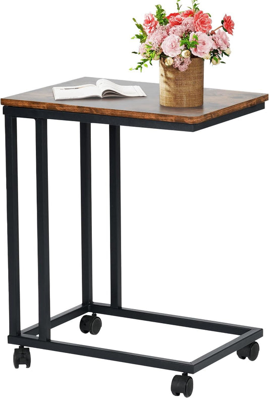 FurnitureR End Table C Shaped, Snack Side Table with Rolling Wheels for Sofa Couch and Bed, Portable, Easy Assembly, Metal Frame, Rustic Brown