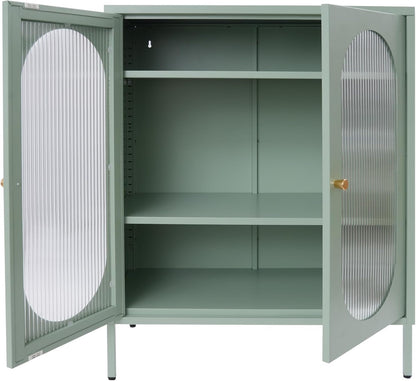 Accent Cabinet with Glass Doors – 3 Tier Storage, Modern Coffee Bar Station Pantry Cupboard Accent Cabinet for Kitchen Living Room Bedroom Bathroom, 31.5"x15.8"x40"(Green)