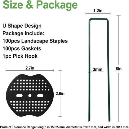 FOTMISHU Landscape Staples 6Inch 100pcs Garden Stakes + 100pcs Gasket, Lawn Pins with Spray Coating Craft,11Gauge Anti-Rust Ground Yard Spikes Anchoring for Outdoor Tents Irrigation Hoses (Green)