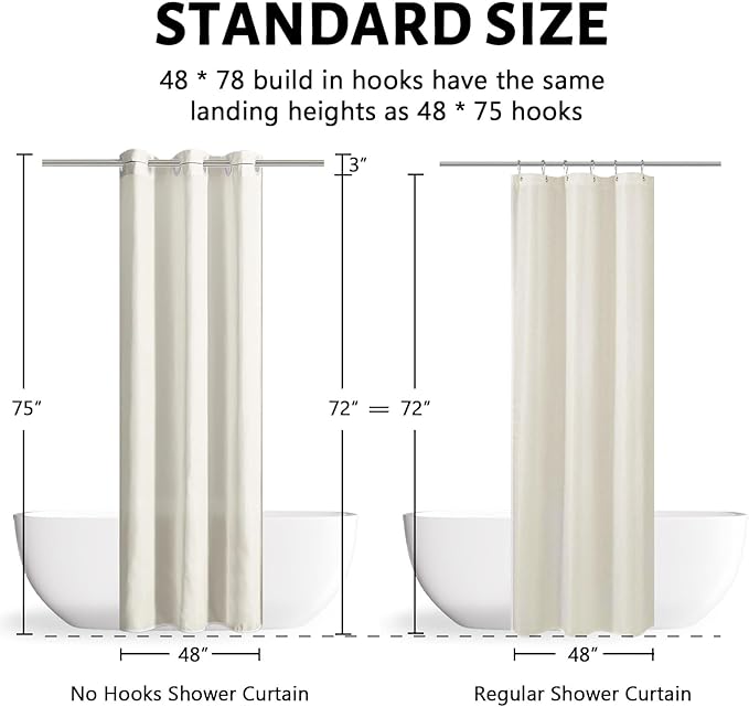Furlinic Beige No Hook Small Stall Shower Curtain 48x78 Inch,Half Narrow Size Polyester Fabric Bathroom Curtains with 6 Plastic Split Grommets,Hotel Quality Waterproof Washable Bath Curtain