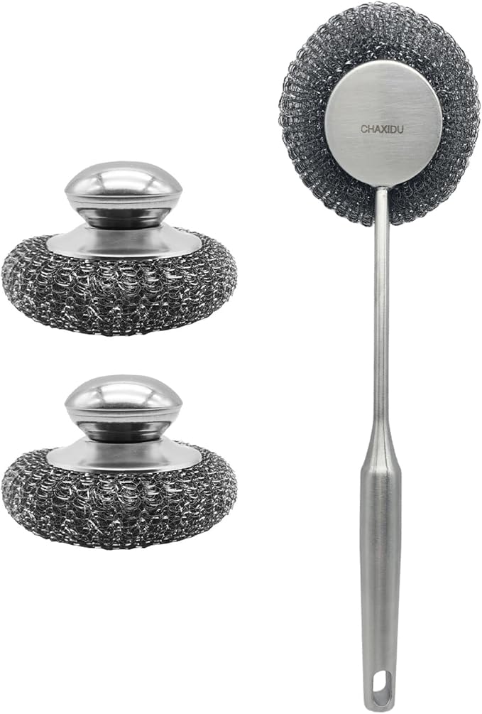 Stainless Steel Wool Scrubber Set, Long Handle & Handle Brushes,Metal Brush for Pots, Pans, Grills & Cutlery Cleaning (3 Pack)