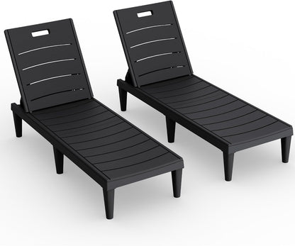 Devoko Outdoor Chaise Lounge Chair Set of 2 with 5-Position Adjustable Back, Waterproof & Lightweight PP Lounge Chairs for Outside Pool Patio (Black)