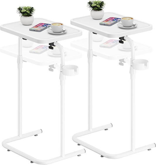 TUTOTAK C Shaped End Table with Tiltable Surface, Set of 2, Adjustable Height Side Table, Slide Under Couch Table TV Tray for Eating, Sofa Tray for Livingroom, Bedroom White TB01BW0912