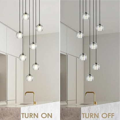 7 Lights Cluster Pendant Light, Brushed Black Modern Crystal Entryway Chandelier, High Ceiling Foyer Pendant Hanging Light Fixture for Staircase Dining Room