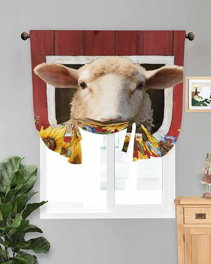Tie Up Curtains for Windows, Sheep Sunflower Adjustable Balloon Nature Linen Textured Kitchen Curtain, Country Red Farm Barn Spring Flowers Room Darkening Curtains for Glass Door, 42 x 45 in