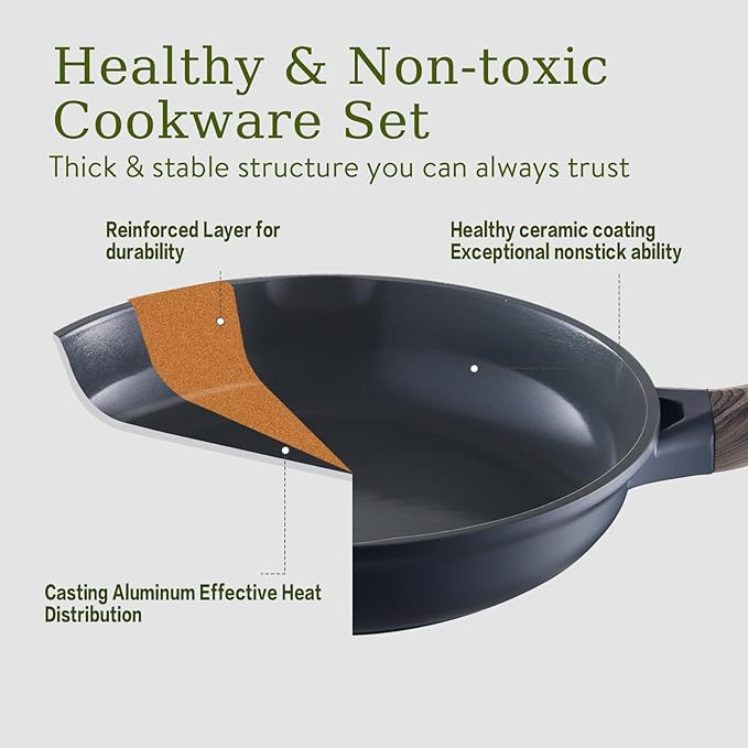 22Pcs Pots and Pans Set Non Stick Non-Toxic Ceramic Cookware Sets Nonstick Kitchen Pot&Pan With Lid Cream Gray Granite Induction Compatible with Glass Lids 10" Griddles Frying Pan PFOA/PFOS-Free