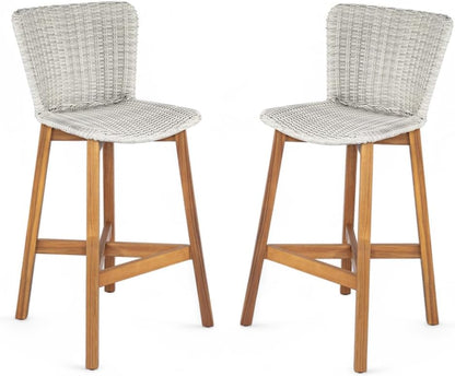 Saiveina Lymington Outdoor Bar Stool, Teak Finished Wood with Light Grey Wicker, Set of 2