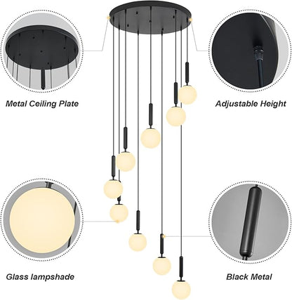 9-Lights Black Chandelier with Milk White Glass Mid Century Modern Globe Pendant Light for Foyer Living Room Entryway Hallway