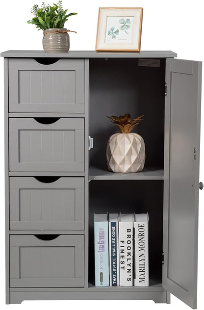 GLACER Bathroom Floor Cabinet, Multifunctional Storage Cabinet with 4 Drawers and 1 Door, Wooden Side Storage Organizer for Bathroom, Living Room or Kitchen, 22 x 12 x 32 inches (Grey)