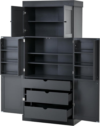 Tall Kitchen Pantry Cabinet with Adjustable Shelves, Modern Freestanding Cupboard with Door Shelves, Drawers and Wine Racks for Dining Room (Grey)