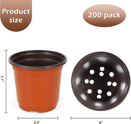 200 Pack 6 Inch Plastic Nursery Pots for Plants, Seedling Pots Succulent Pots Flower Pots with Drainage Holes, Come with 200pcs Plant Labels
