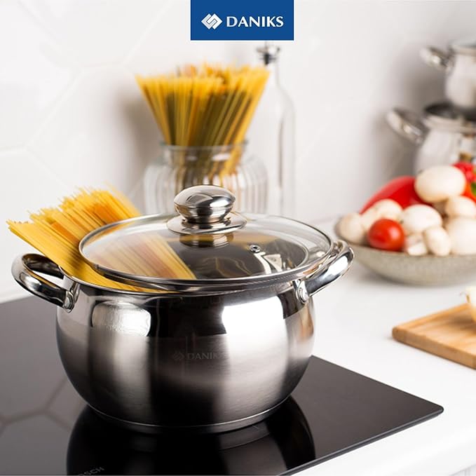 Daniks Classic Frying Pan Included, 12-Piece Stainless Steel Induction Cookware Set – Dishwasher Safe Pots and Saucepan with Lids, Measuring Scale, Silver