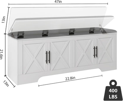DreamDashio Storage Bench with Cushion, 47.2" End of Bed Storage Bench with Lift Top, Window Bench Seat with Storage for Bedroom, Mudroom, Entryway, Living Room & Hallway, White