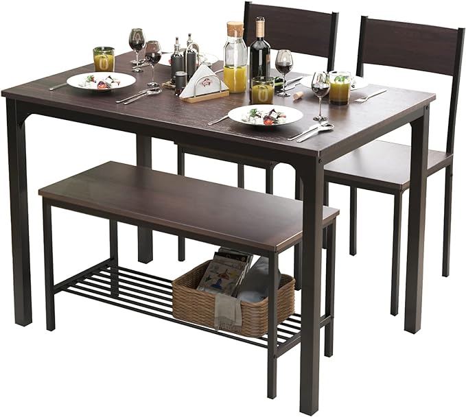 soges Dining Table Set for 4, 43.3 inch Kitchen Table Set with Chairs and Bench, 4 Piece Dining Room Table Set for Small Space, Apartment, Restaurant, Rustic Oak