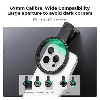 K&F CONCEPT 67mm Clip-on CPL Phone Camera Lens Filter Kit, Circular Polarizer Polarizing Filter Compatible with iPhone 16 15 14 13 12 11