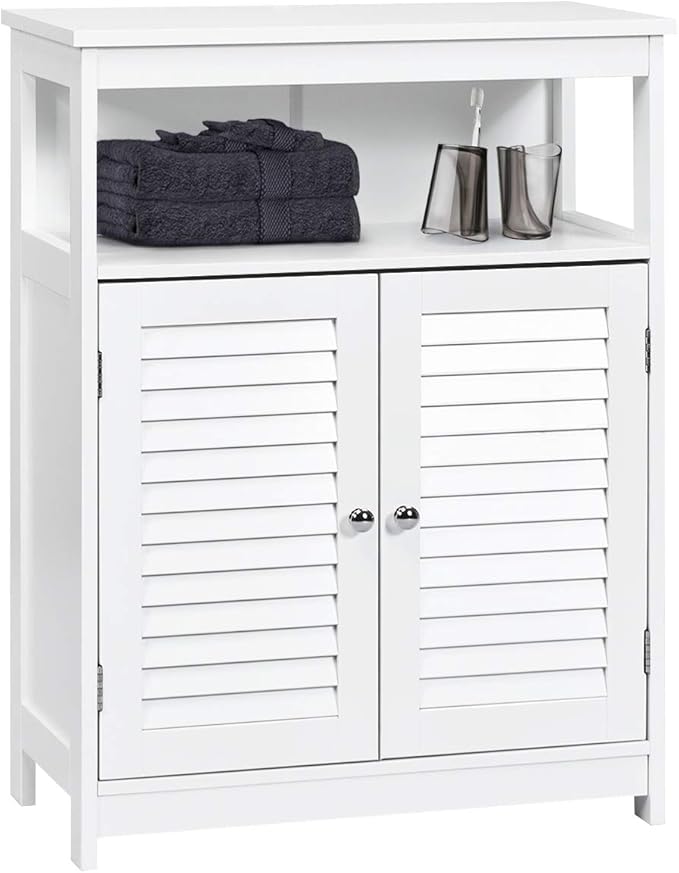 Tangkula Bathroom Floor Cabinet, Wooden Freestanding Storage Cabinet with Double Shutter Door & Adjustable Shelf, Storage Cabinet for Bathroom Living Room (White)