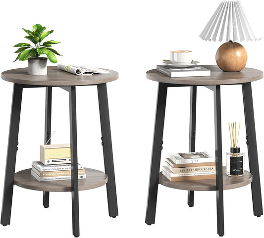 sthmec Side Table Set of 2, Small Round End Table with Storage Shelf for Small Space, 2-Tier Bedside Table Sofa Couch Table, Nighstands Set of 2 Accent Table for Living Room, Bedroom, Grey