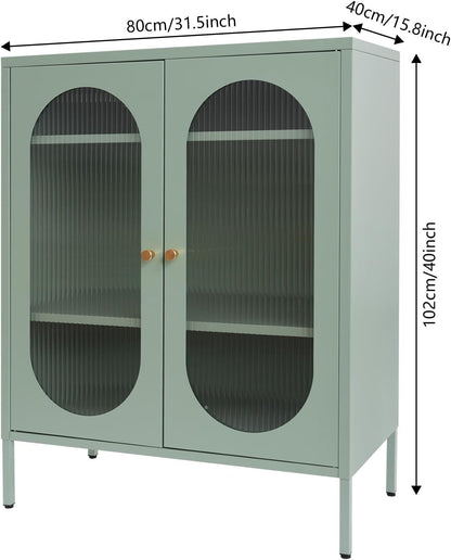 Accent Cabinet with Glass Doors – 3 Tier Storage, Modern Coffee Bar Station Pantry Cupboard Accent Cabinet for Kitchen Living Room Bedroom Bathroom, 31.5"x15.8"x40"(Green)
