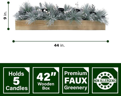 Fraser Hill Farm 42" Glittery Pine Candle Holder Christmas Decoration with White Berries and Ornament Balls, Holds 5 Pillar Candles, Elegant Christmas Table Decorations