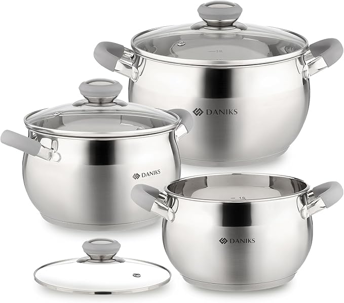 Daniks Modern 6-Piece Stainless Steel Induction Cookware Set – Dishwasher Safe Pots with Heatproof Handles, Glass Lids, Silver