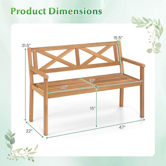 2-Person Acacia Wood Patio Chair Armrests Backrest 44in Seat Width 800lb Capacity for Backyard