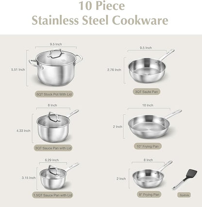 KOCH SYSTEME CS Stainless Steel Pots and Pans Set, 10 Piece Stainless Steel Cookware Set for Professional Cooking, Kitchen Cookware Sets, Induction Compatible Cookware Set 10 Pcs, Pots and Pans