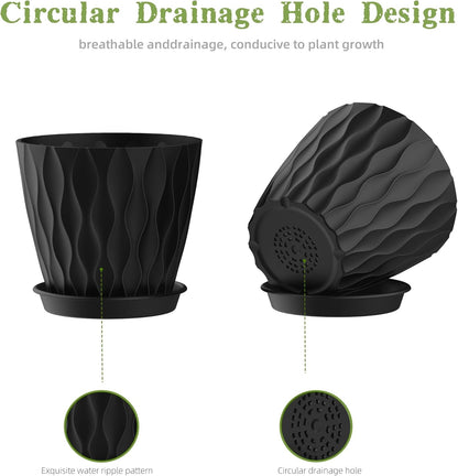 6 Inch Plant Pots, 6 Pack Indoor Flower Pots, Planters with Drainage Holes and Trays for Orchids, Violets, Succulents, Herbs, and Other Plants, Black