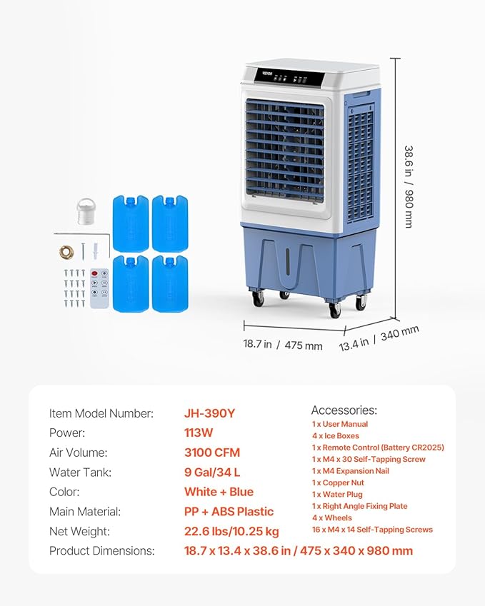 VEVOR Evaporative Air Cooler, 3100 CFM with 9 Gallon Water Tank Swamp Cooler, Portable Cooling Fan with Remote Control, 12H Timer, 4 Ice Boxes, Quiet Operation, 3 Wind Speeds for Outdoor Indoor Use