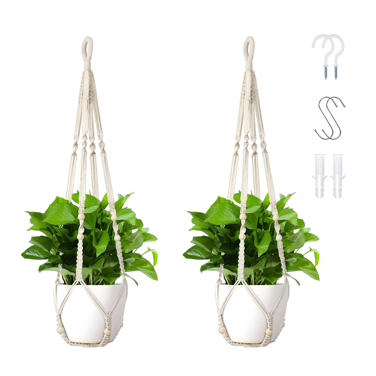 Wdmxszdq Macrame Plant Hanger Set of 2, 35 Inch Indoor Hanging Planter with 4 Hooks, Macrame Plant Hangers for Pots, No Tassels Boho Home Decor, Ivory (Pots Not Included)