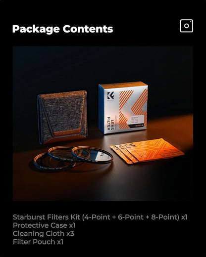 K&F CONCEPT 77mm Star Filters Kit (3 PCS) 4 Points 6 Points 8 Points Cross Screen Starburst Filters Set -18 Layer Coating Ultra Slim Optical Glass Camera Lens Filter with 3 Cleaning Cloth