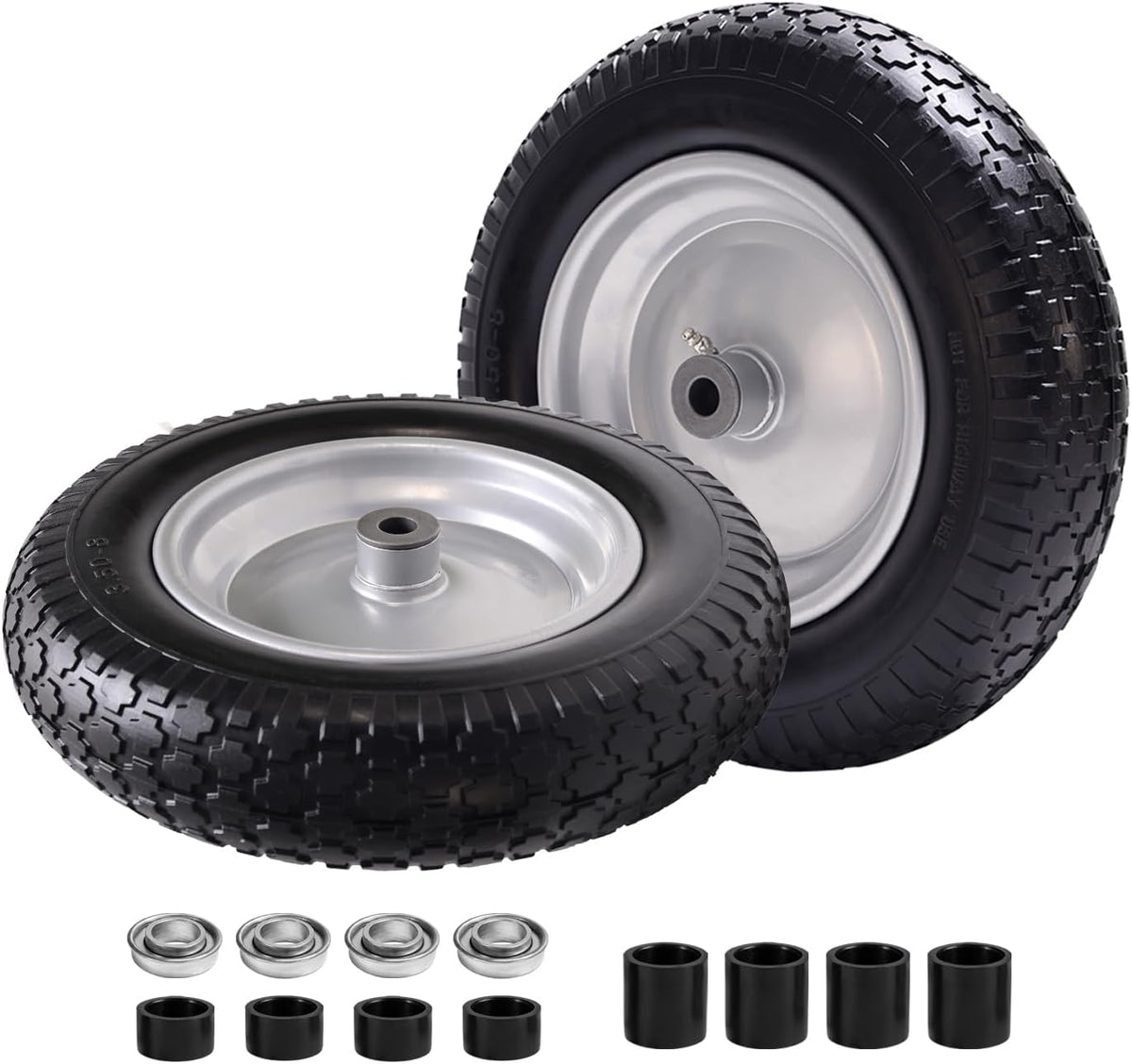 14.5" Wheelbarrow Tire, 3.50-8" Flat-free Solid Tire and Wheel with 3" -7" Centered Hub and 5/8" & 3/4"Bearings for Wheelbarrow Trolley Dolly Lawn Mover Go Kart Replacement (2-Pack)