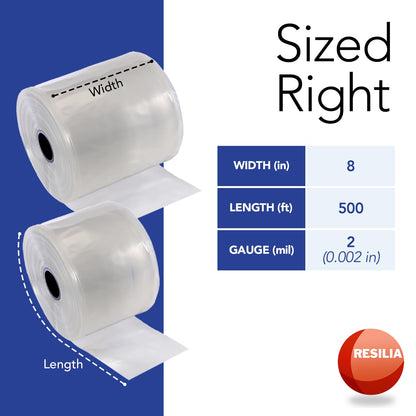 RESILIA Lay Flat Poly Tubing - Food-Grade Polyethylene, Custom Poly Bag Packaging Solution, 8 Inches x 500 Feet, 2 Mil, 0.002 Inch, Thickness, 1 Roll, Made in the USA