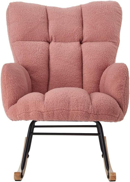 Tufted Upholstered Teddy Fabric Glider Rocking Chair with Metal Frame, Ergonomic Accent Chair for Living Room, Bedroom, and Leisure Spaces (Pink + Teddy)