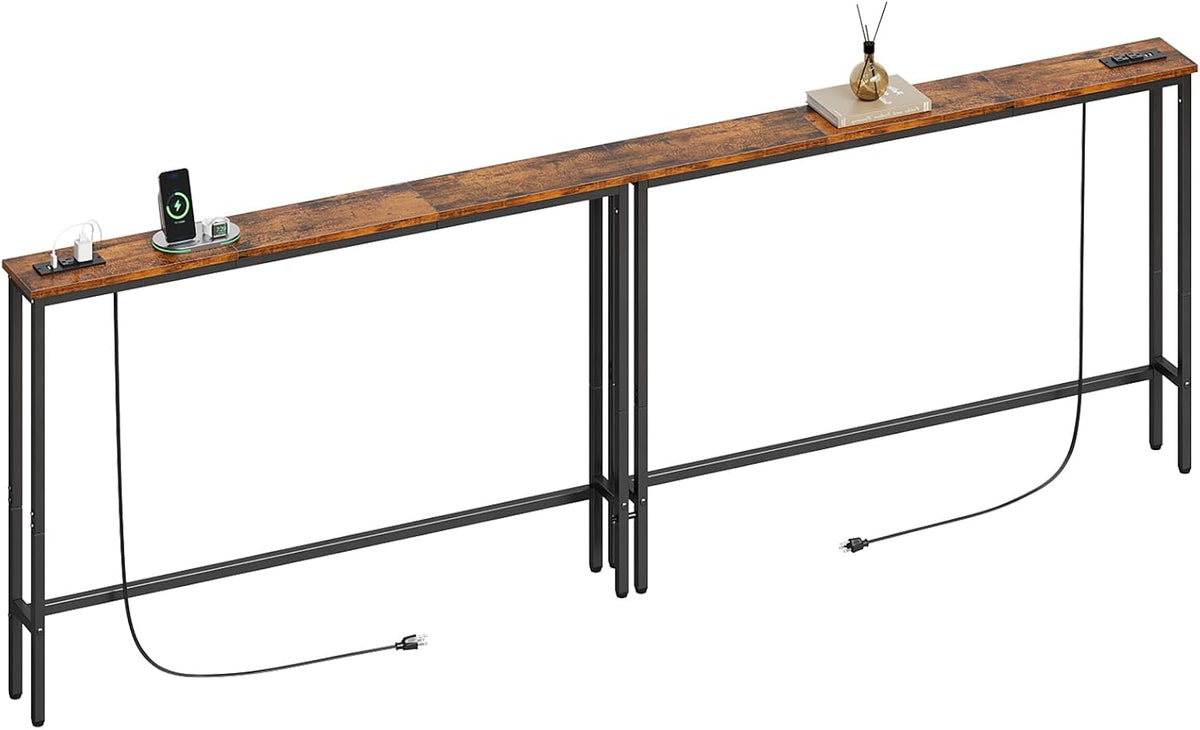 ELYKEN 94.5" Narrow Console Sofa Table with Power Outlet, 5.9'' Behind Couch Table with Charging Station, Long Entryway Tables for Living Room, Hallway, Rustic Brown