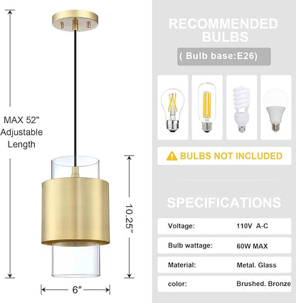 1 Light 3 Pack Hanging Indoor Kitchen Island Pendant Light 6" Drum Glass Shade Pendant Ceiling Light Fixtures Modern Farmhouse Dinning Over Sink (Gold Finish)
