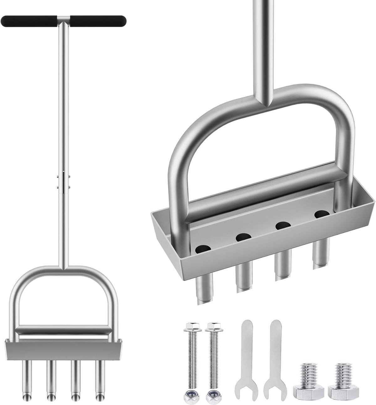 Lawn Aerator Coring Tool with Soil Core Storage Tray,4 Tine Stainless Steel Manual Garden Plug Aerator for Yard Grass,Lawn Coring Aeration for Soil Aeration,Lawn Care Cleaning,Compacted Soil(Silver)