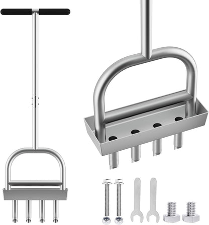 Lawn Aerator Coring Tool with Soil Core Storage Tray,4 Tine Stainless Steel Manual Garden Plug Aerator for Yard Grass,Lawn Coring Aeration for Soil Aeration,Lawn Care Cleaning,Compacted Soil(Silver)
