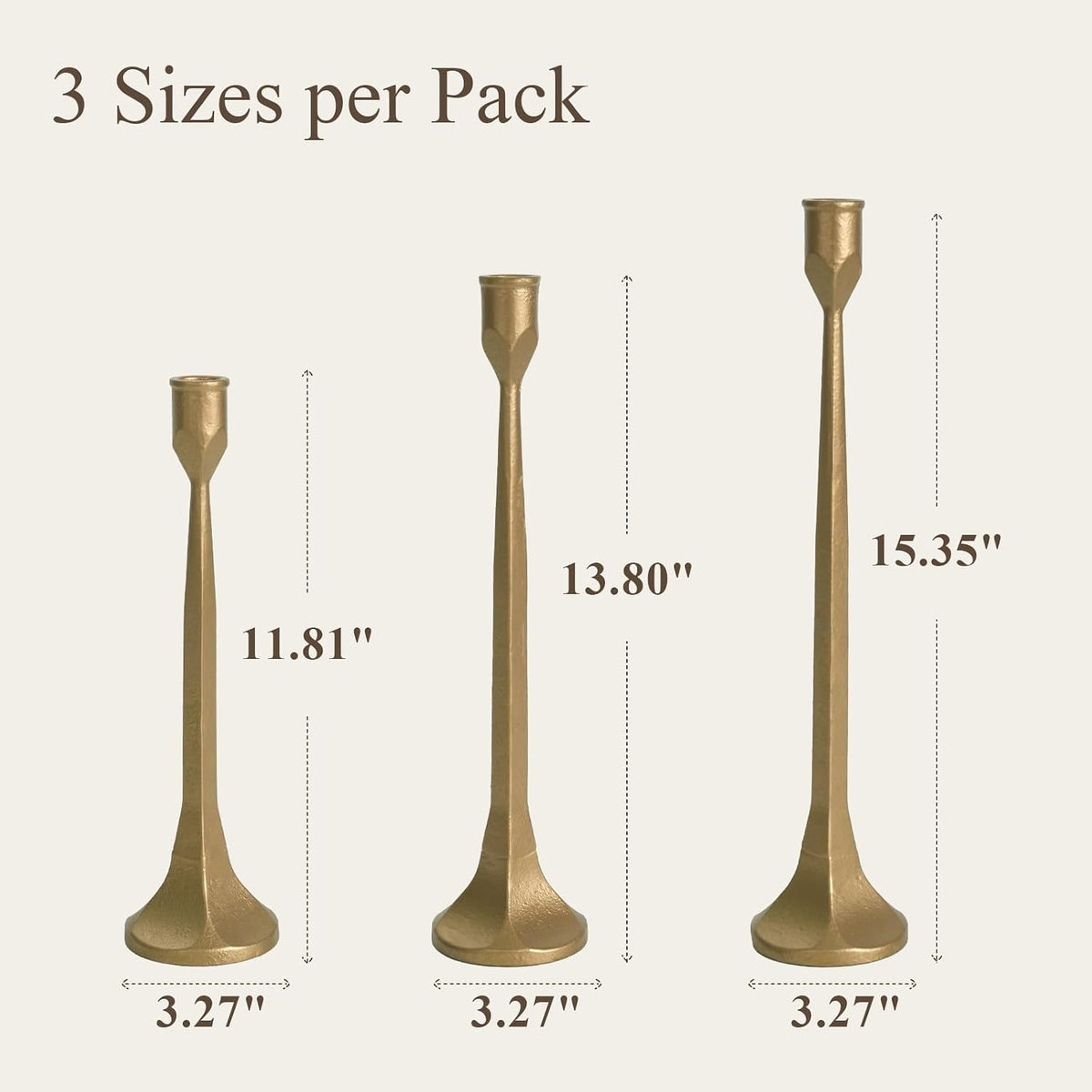 Gold Iron Taper Pillar Candle Holders Set of 3, Candlestick Holders Rustic Vintage Decorations, Tall Candle Stand for Home Decor Mantle Dining Coffee Table Outdoor Wedding-11.8"+13.8"+15.4"