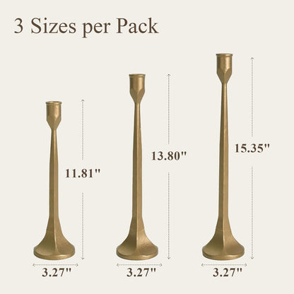 Gold Iron Taper Pillar Candle Holders Set of 3, Candlestick Holders Rustic Vintage Decorations, Tall Candle Stand for Home Decor Mantle Dining Coffee Table Outdoor Wedding-11.8"+13.8"+15.4"