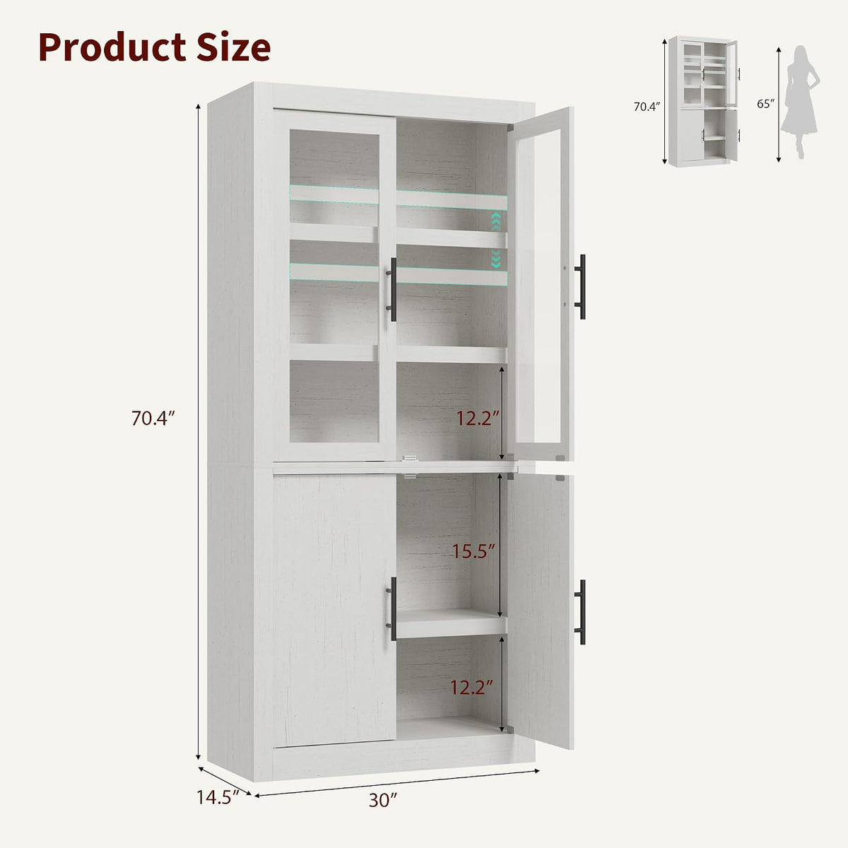 Tall Kitchen Pantry Cabinet, Farmhouse Kitchen Pantry Storage Cabinet Wood, 70.45" Large Cupboard with 4 Doors & Adjustable Shelves for Kitchen Storage, Dining, Office, Rustic White