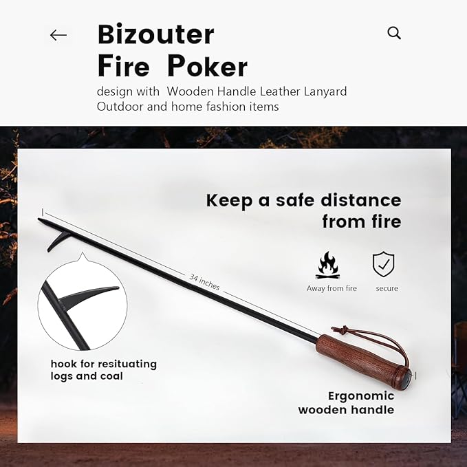 Fire Poker 34inch 2 in 1 Foldable Fire Poker & Blow Stick Fireplace Tool with Wooden Ergonomic Handle, Portable Fire Pit Poker for Campfire,Wood Burning Stove & BBQ