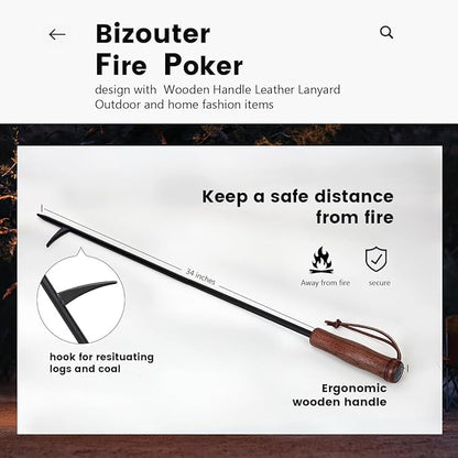 Fire Poker 34inch 2 in 1 Foldable Fire Poker & Blow Stick Fireplace Tool with Wooden Ergonomic Handle, Portable Fire Pit Poker for Campfire,Wood Burning Stove & BBQ