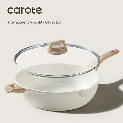 CAROTE 12.5Inch Nonstick Deep Frying Pan with Lid, 6.5 Qt Jumbo Cooker Saute Pan with Pour Spout, Skillet Induction Cookware, Non Stick Cooking Pan Kitchen Pan PFOA Free, White Granite