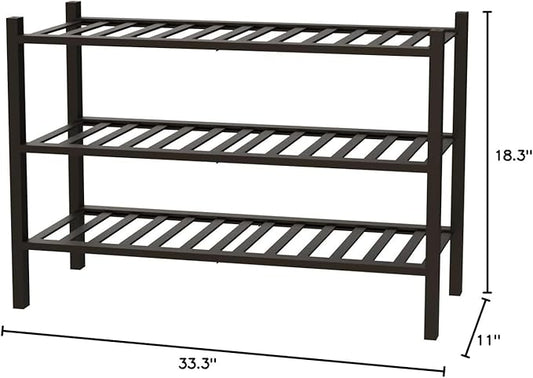 Long Shoe Rack, 3-Tier Bamboo Stackable Shoe Shelf Storage Organizer, Shoe Stand for Closet, Entryway and Hallway