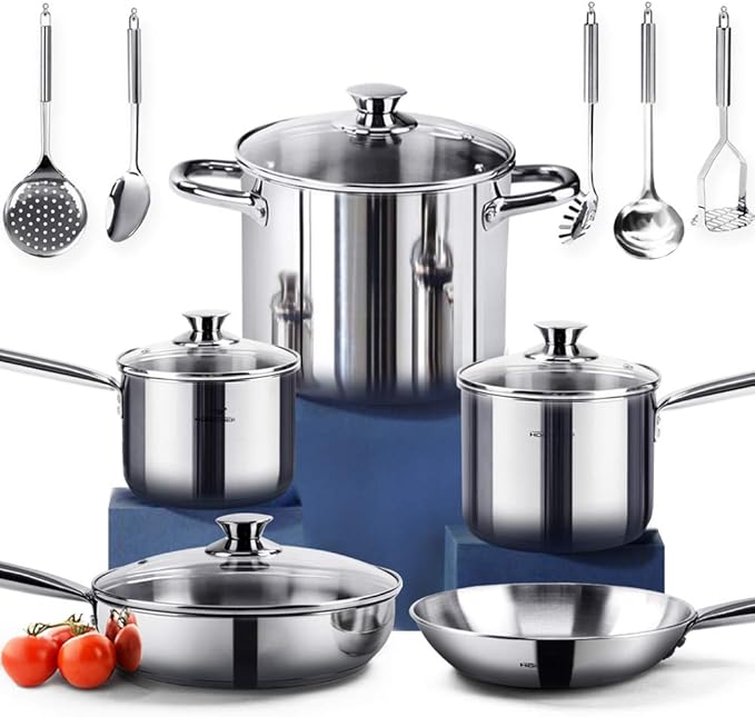 HOMICHEF 14-Piece Nickel Free Stainless Steel Cookware Set - Nickel Free Pots and Pans Set - Non-Toxic, Healthy Induction Cookware