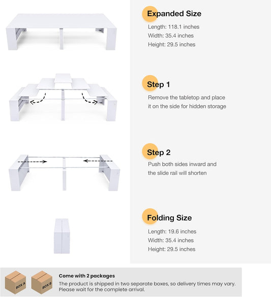 118.2" Modern Extendable Dining Table for 2 to 12 People with Outlet, Space Saving Expanding Table with Storage for Party, Weddings, Meetings, Celebrations (White)