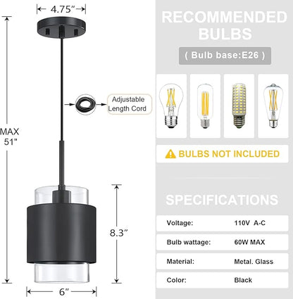3 Pack 1 Light Hanging Kitchen Island Pendant Light 6" Drum Clear Glass Shade Indoor Pendant Ceiling Light Fixturess,Dark Gray Finish Modern Farmhouse Dinning Over Sink