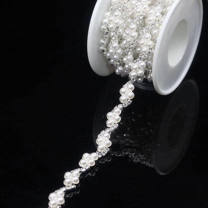 PEARLY JUN 2 Yards Pearl Rhinestone Trim Chain Silver Crystal Fringe Diamond Applique Ribbon String Tassel Strip for Sewing Wedding Dress Crafting Crafts Flower Embellishments